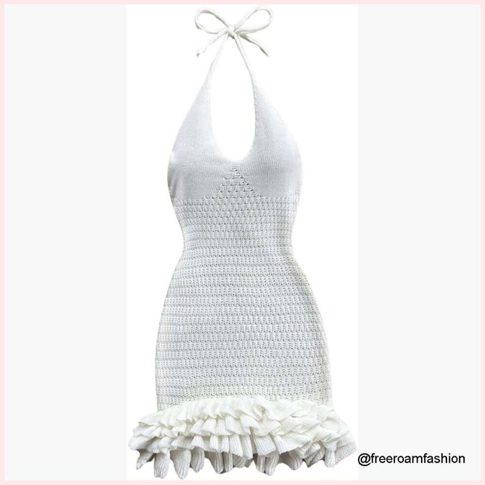 Crochet Halter Backless Mini Dress, Knit Bubble Tiered Ruffle, Summer Festival